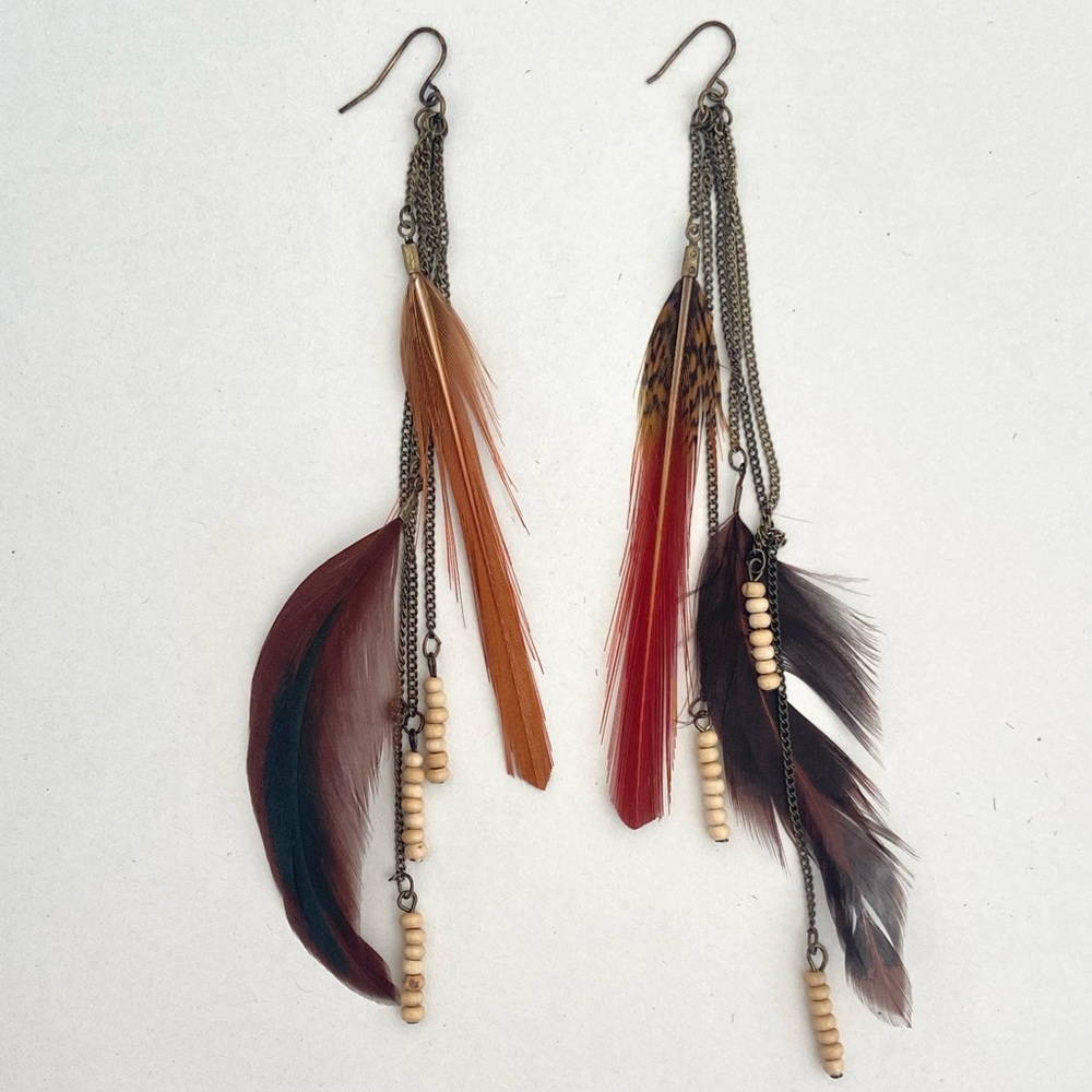 Feather & Wooden Beads Boho Earrings w/ dangling Feathers & Chains - Picture 4 of 5